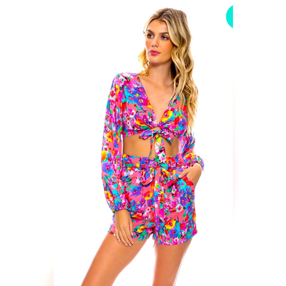 Luli Fama Pink Multi Floral Tie-Front Crop Top